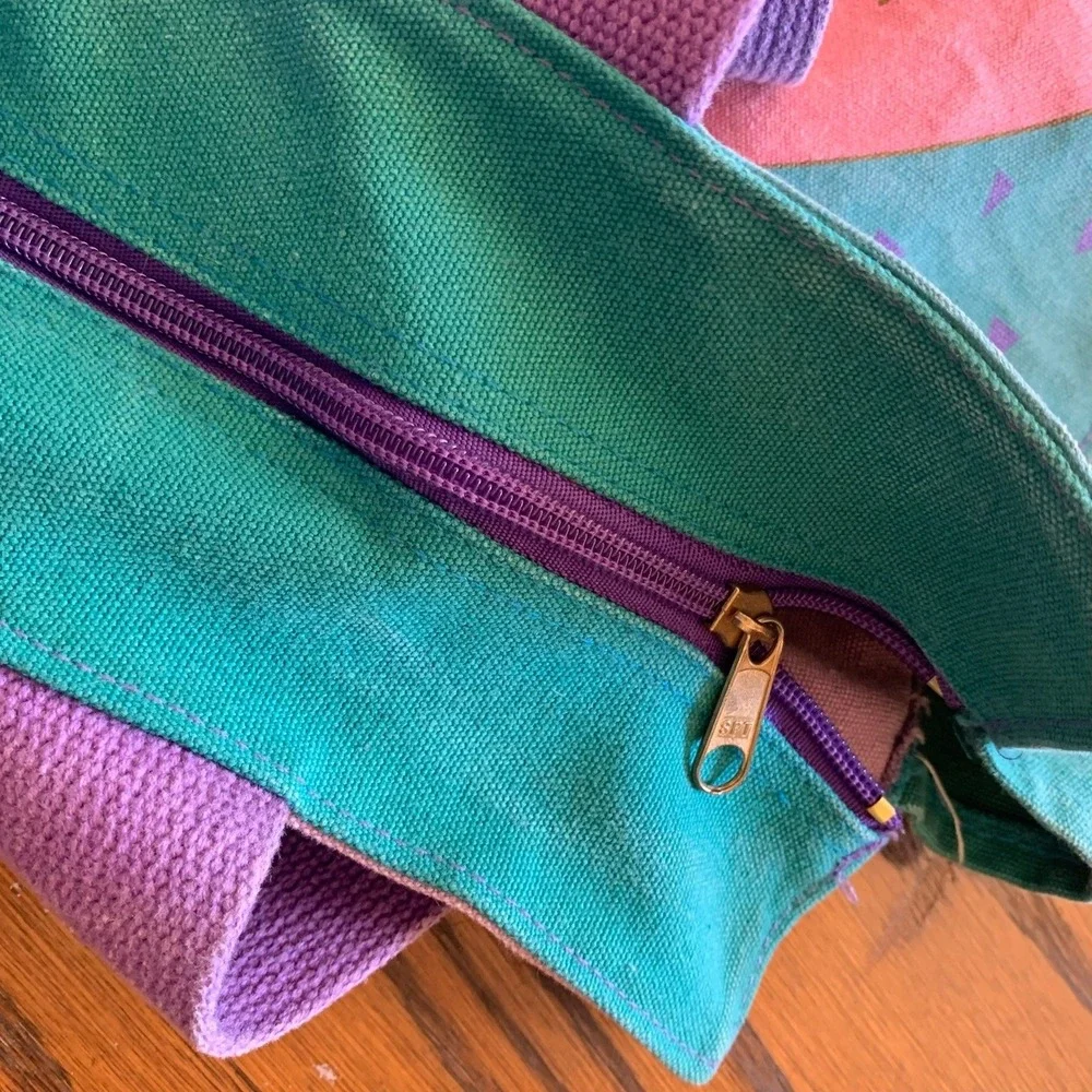 Laurel Burch Cat Canvas Tote Bag Purple Teal Pink Geometric Art Zipper Shoulder